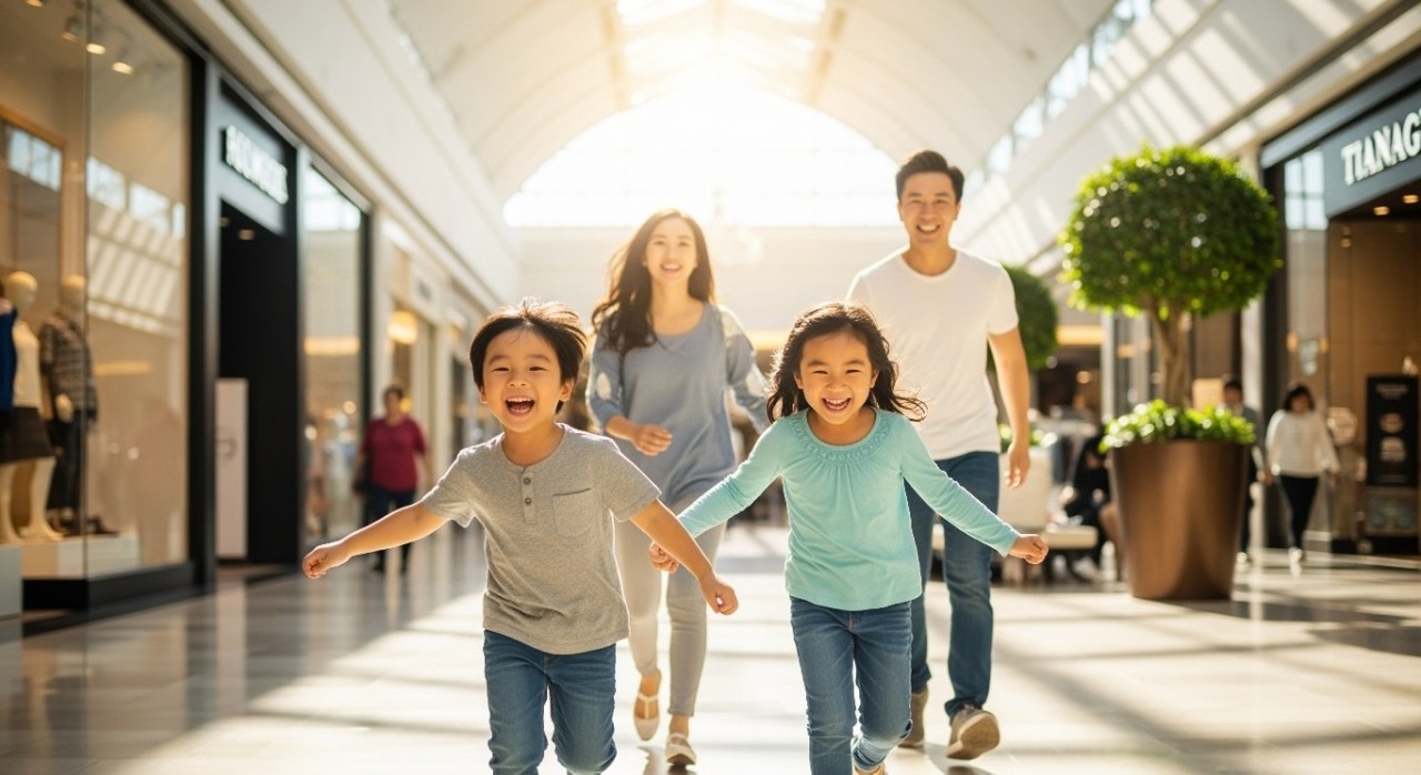 asian kids running in shopping mall, happy smiling family, happy moment, sunlight, shopping mall background